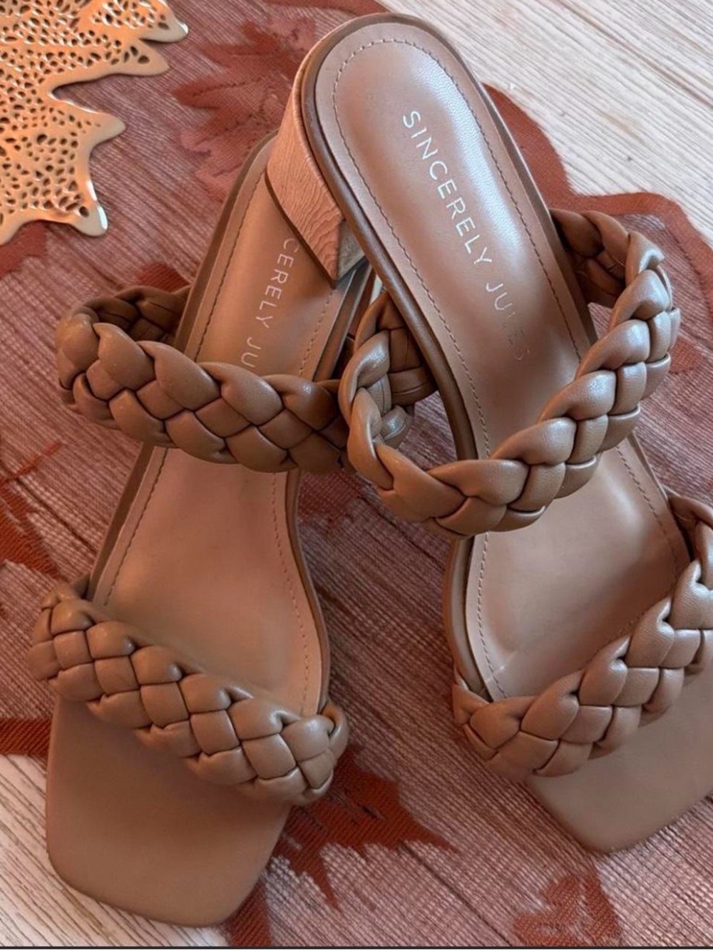 Sincerely Jules Braided Double-Strap Slide Sandals in Tan
